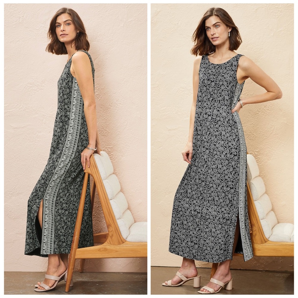 J JILL NWT M Wearever Maxi A-Line Tank Dress • Black Refreshing Trellis Floral